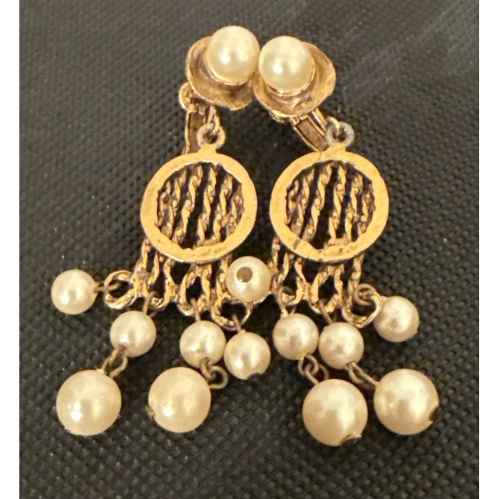 Vintage Clip On Tension Screw Dangle Earrings - Pearl‎ Gold Tone-2.5" Drop